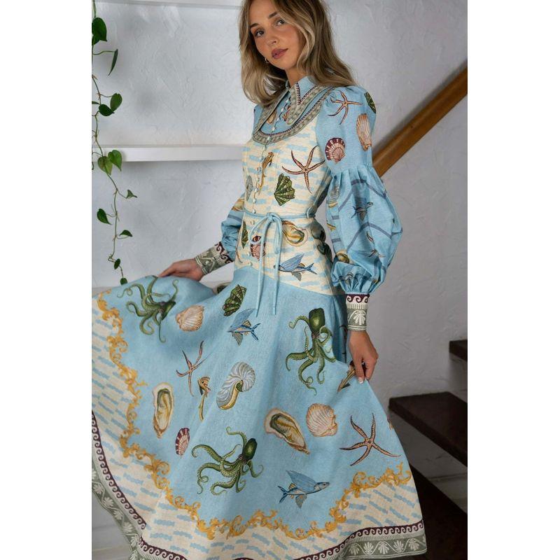 

Printed Dress Western Style New Fashion Print Linen Doll Collar Cardigan Slim fit Big Hemline Dress Flower color S