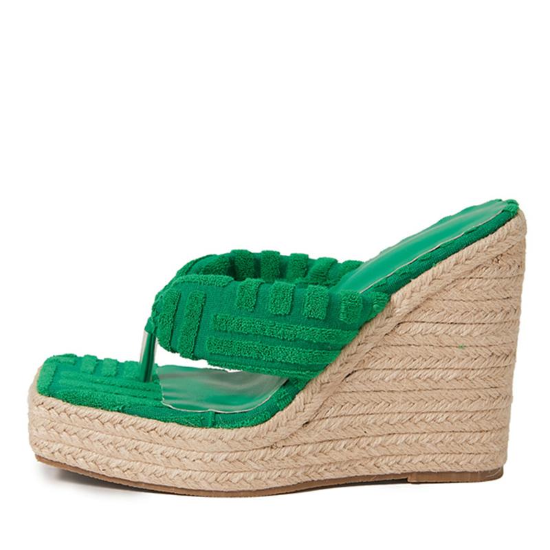 Green Corduroy Narrow Band Wedges Heels Slippers Female Open Toe Platform Sandals Women Summer Dress Shoes