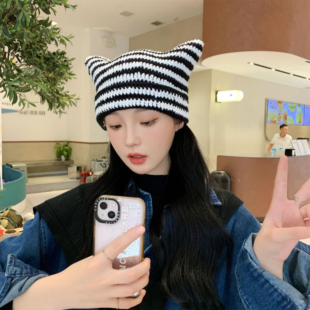 Autumn and Winter New Striped Devil Horn Hand-knitted Hat with Pointed Ears To Show the Face Small Warm Wool Hat Cute Hat for Wo