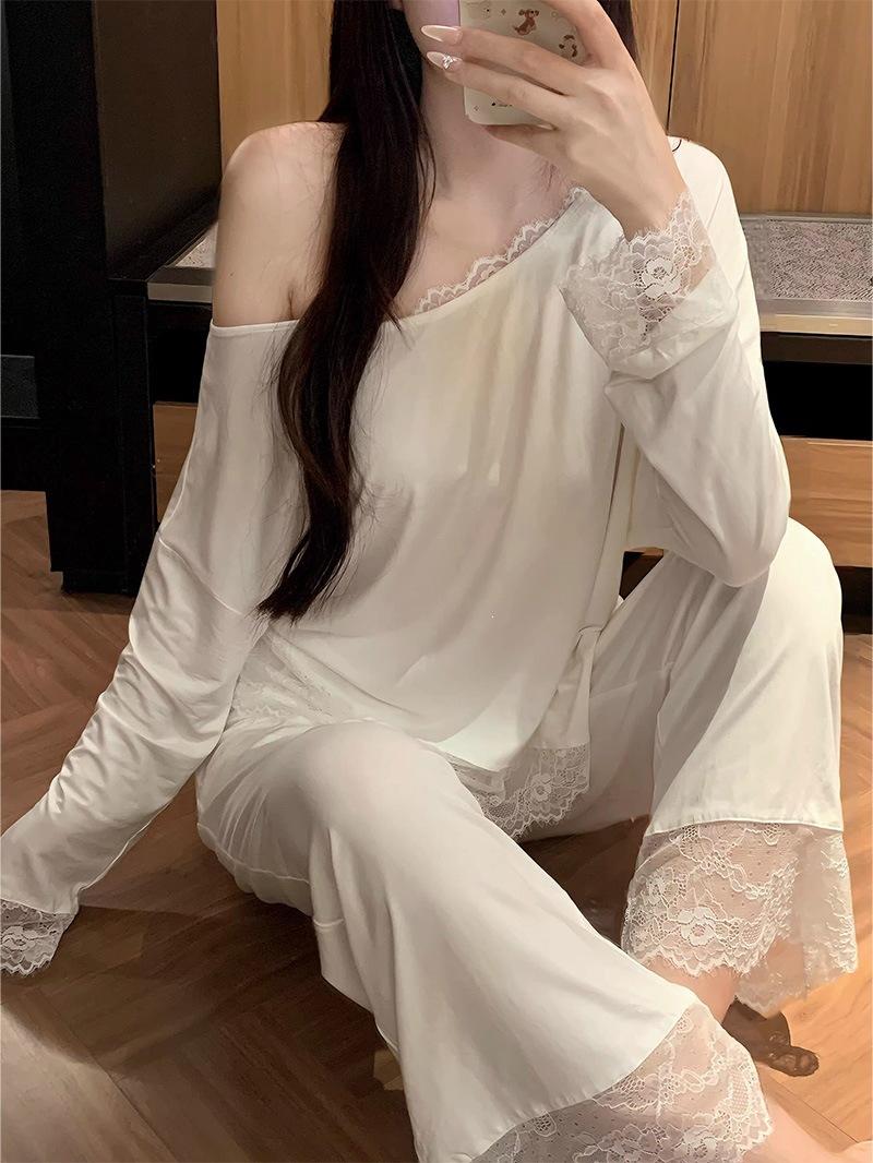 

Modal pajamas women s spring and autumn new long-sleeved trousers slanted shoulders sexy lace loungewear suit with chest pads M