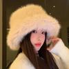 Plush hat female autumn and winter show small face warm ear protection plain face fluffy thickened versatile bucket hat