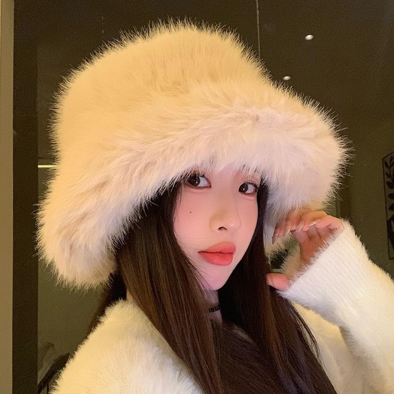 Plush hat female autumn and winter show small face warm ear protection plain face fluffy thickened versatile bucket hat
