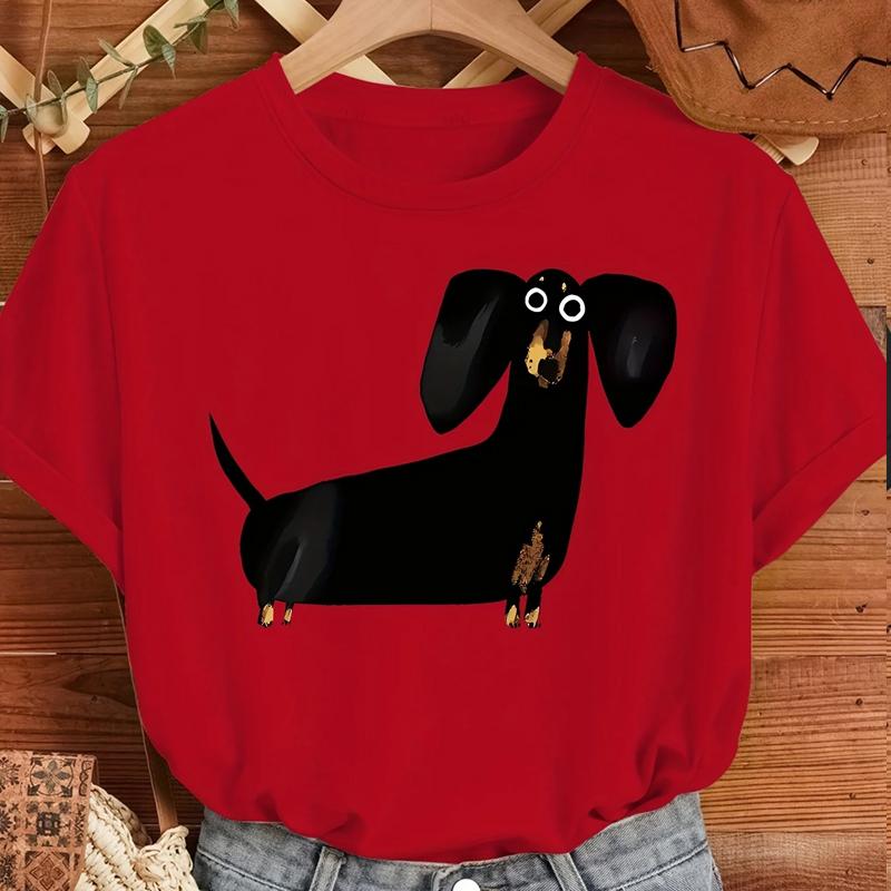 Cute Black Sausage Dog Funny Printed Women's T-shirt Short Sleeve Crew Neck Top for Summer Women's Harajuku Casual Clothing