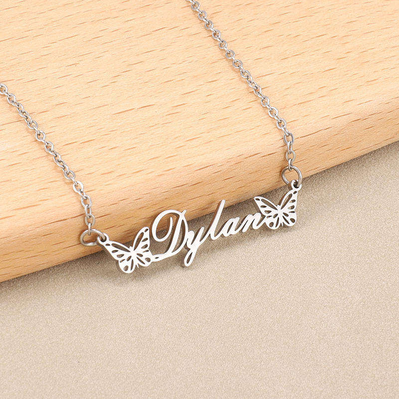 Custom Popular Butterfly Pendant Stainless Steel Jewelry Letters Name Fashion Girl Necklace