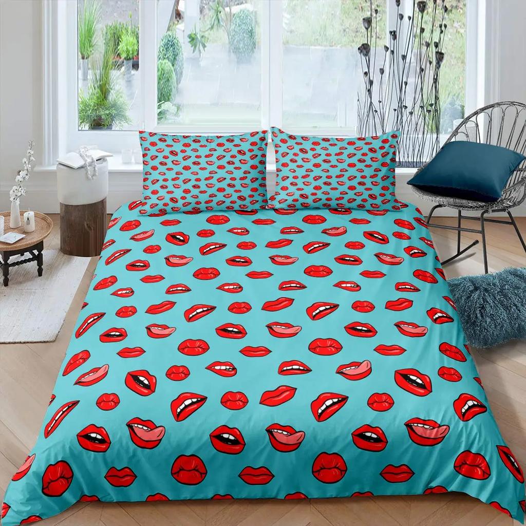 Red Lip King Queen Duvet Cover 3D Mouth Pattern Bedding Set For Adult Couples Lipstick Black Golden 2/3Pcs Polyester Quilt Cover