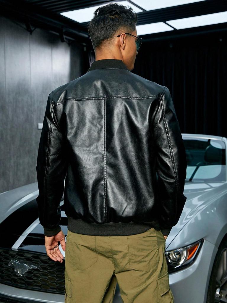 Seek4Man Zippered PU loose leather jacket