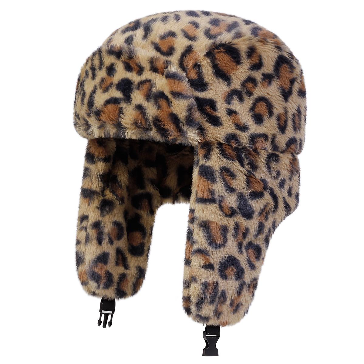 

Unisex Plush Leopard Print Lei Feng Hat Winter Earflap Hat Keep Warm Ski Hat Bomber Hat For Outdoor Riding Snow Activities