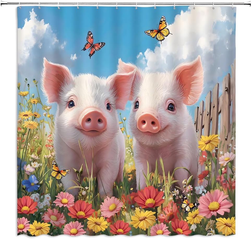 

Pig Shower Curtain Cute Farm Animal Watercolor Floral Green Leaves Fence Farmhouse Wildflower Bathroom Decor Curtains with 90x180CM
