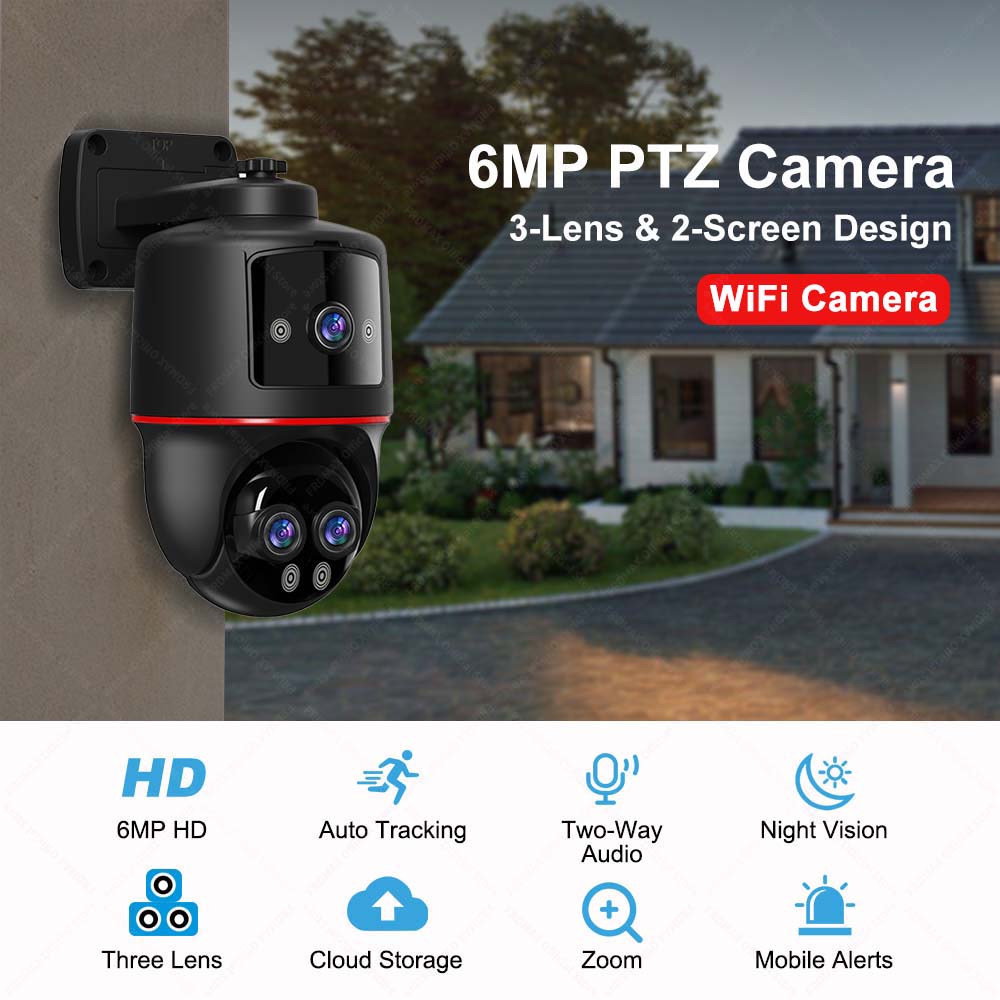 

CamHi 6MP Wi-Fi 10X Zoom Відкрита PTZ-камера з трьома об єктивами Подвійний екран Домашня безпека Захист CCTV Камера спостереження 4MP Camera No Card