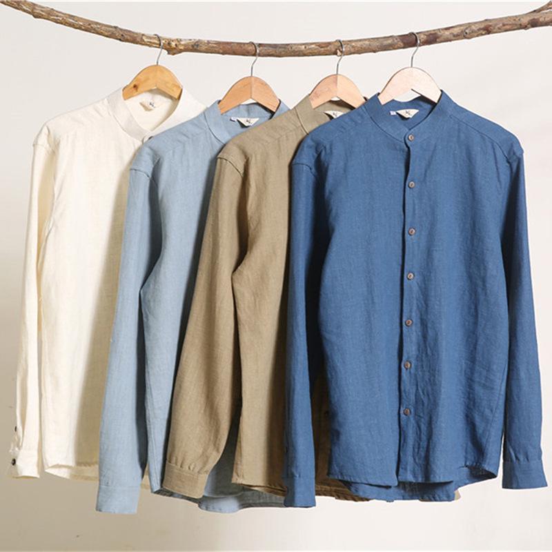 Ma Fan Buyi 2025 Chinese Style Men's Linen Shirt with Coconut Button and Stand Collar