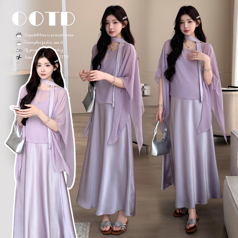 

2026 Korean Style Summer Maternity Loose Acetate Camisole Dress & Cover-Up Top Set L