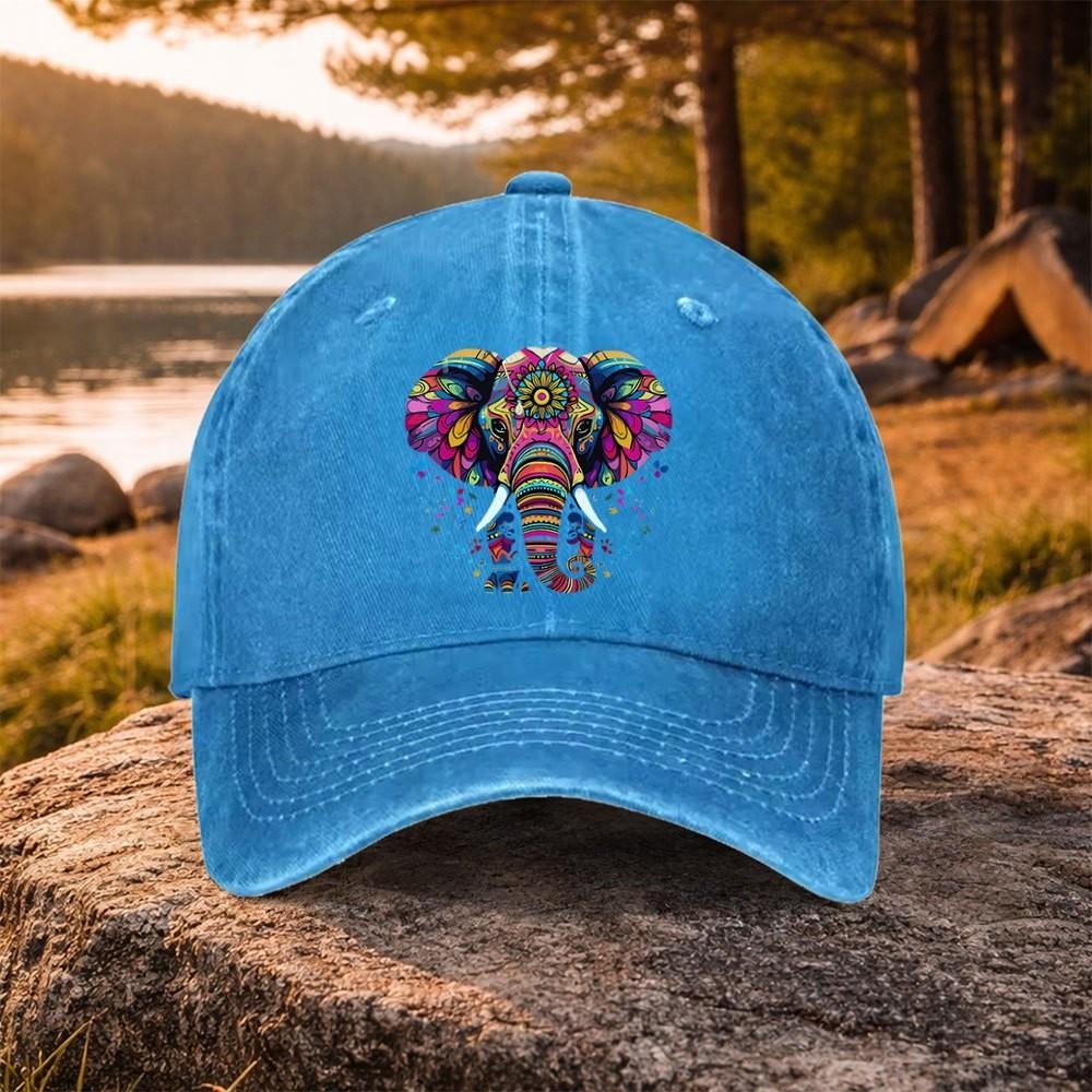 Mandala Elephant Graphic Washed Baseball Cap Adjustable Cotton Outdoor Casual Unisex Hat