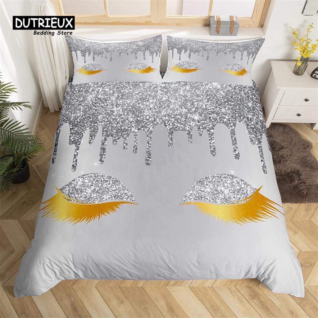 Eyelash Duvet Cover Set Eyes Pattern Design Comforter Cover Microfiber Girly Priness Style Glitter Twin King Queen Bedding Set