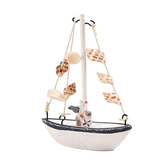 Mini Sailboat Model Nautical Resin Sailing Boat Decoration with Shell Starfish Rustic Vintage Beach Ocean Theme Ship Ornament for Home Office Bedroom