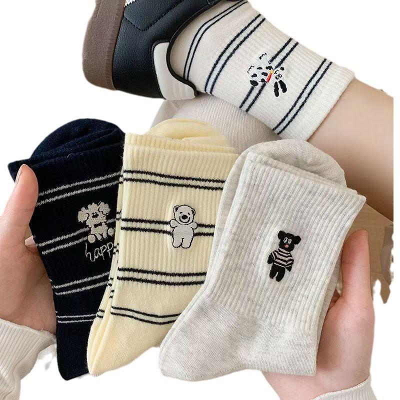 Sock Children's Mid-length Socks, Trendy Small Bear Dog Striped, Versatile and Casual, Suitable for All Seasons  spring, Autumn, Winter