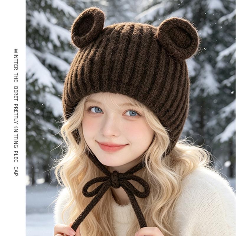 Cute Baby Bear Ear Knit Hat with Tie Strings Warm Winter Bonnet for Infants Toddlers Soft