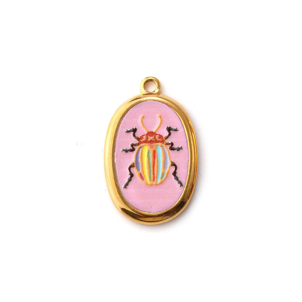 2PCs Creative 304 Stainless Steel Insect Charms For Jewelry Making 18K Gold Plated Oval Ladybug Necklace Pendant 28mm X 17.5mm