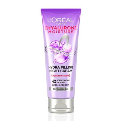 L'Oreal Paris Filling Night Cream, Leave In Hair Cream with Hyaluronic Acid, For Dry & Dehydrated Hair, Hyaluron Moisture 72H Hydra, 180ml
