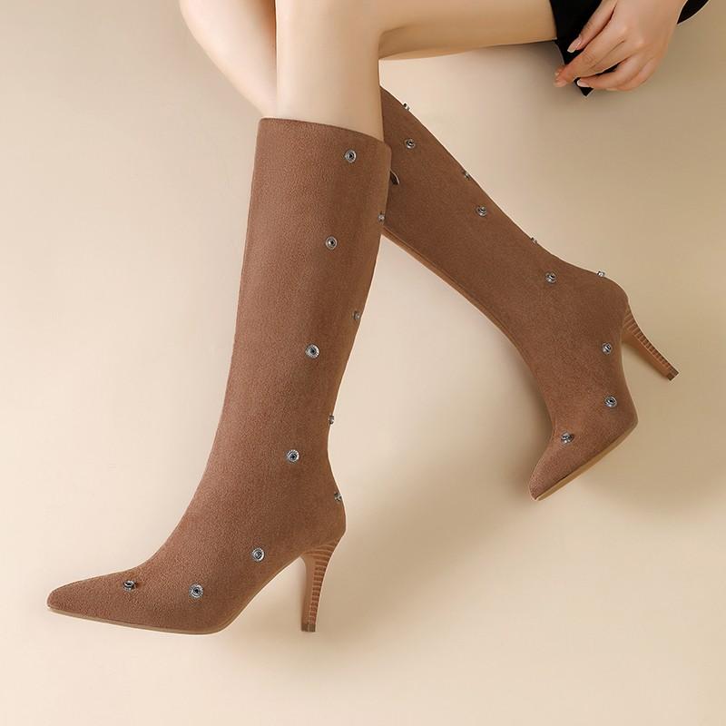 Fashion Temperament Stiletto High Boots Women's Fashion Pointed Toe Suede Studded Rear Zipper Anti-Slip Wear-Resistant High Heels