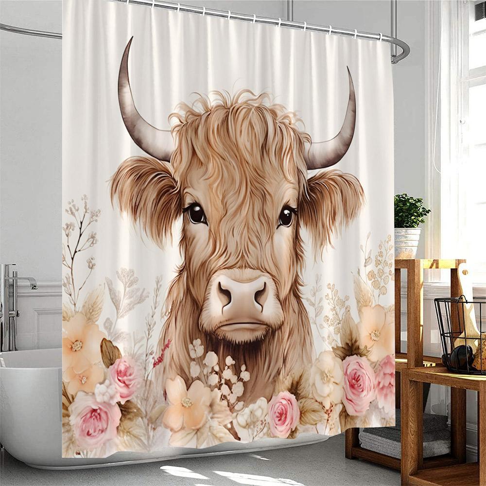Highland Cow Farmhouse Shower Curtain Country Bathroom Decor Cattle Sunflower Floral Pumpkin Autumn Polyester Bathtub Curtain