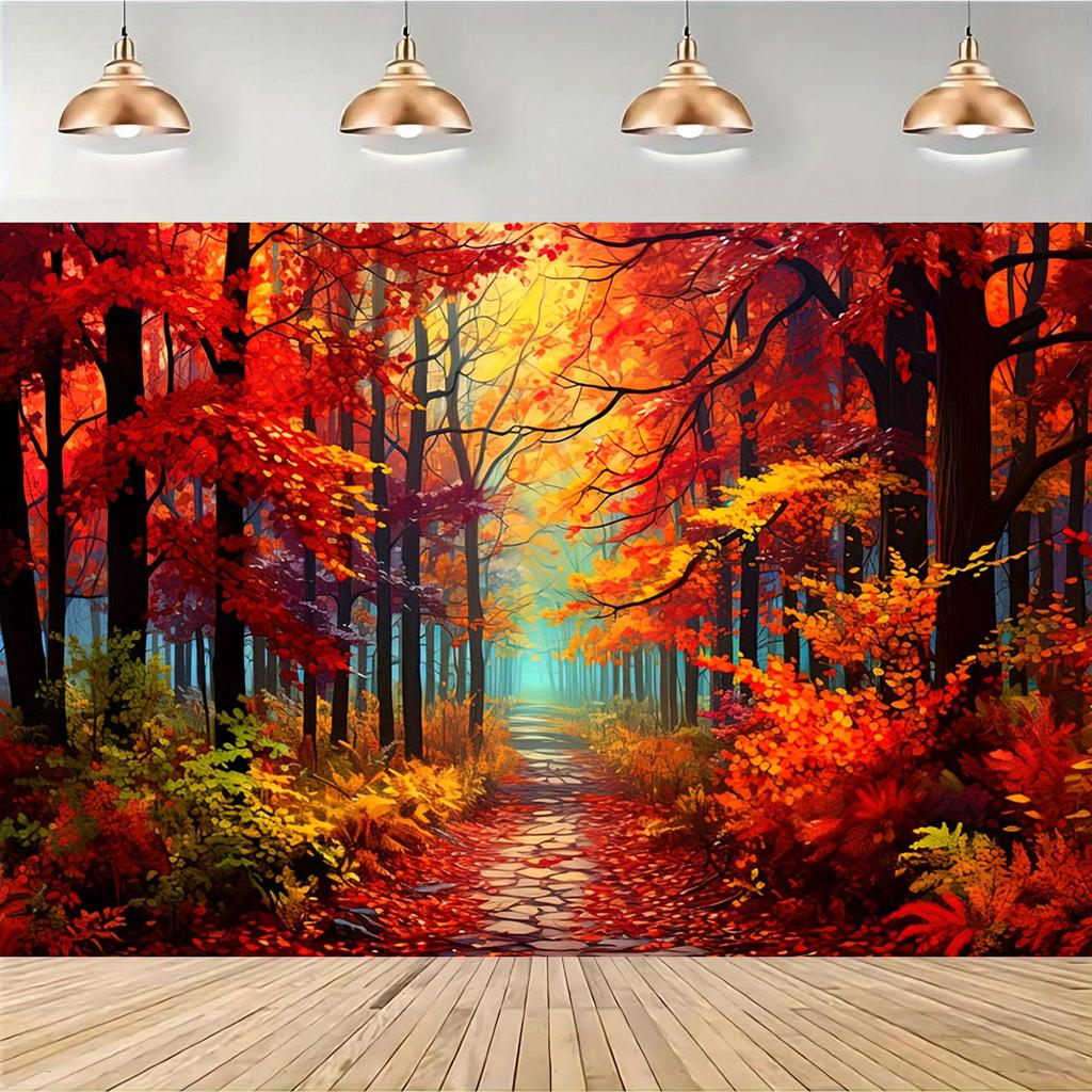 2D Plane, 1 Vivid Autumn Forest Road Background - Polyester Fiber, Suitable for Studio and Party Decoration, Party Decoration