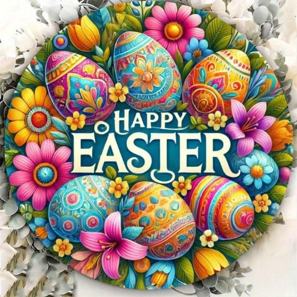 Metal Wall Art Decor, Easter Celebration 2D Round Tin Sign for Home
