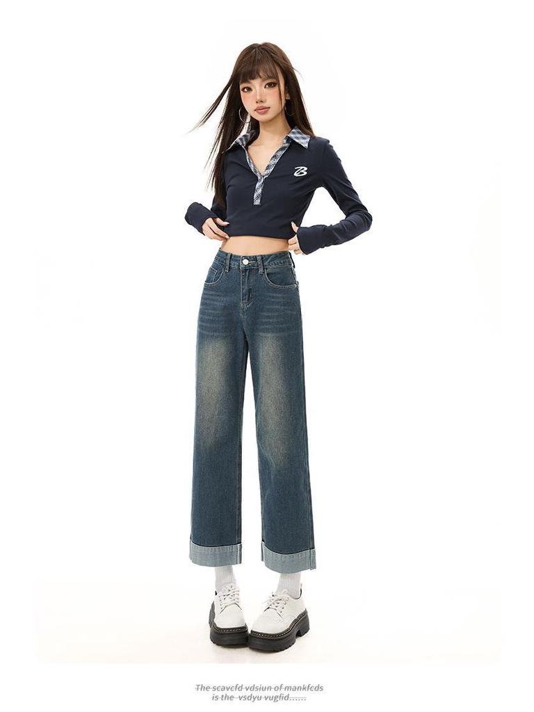 Women's 2026 Summer High Waist Patchwork Straight Leg Jeans - Vintage Faded Petite Cropped Cigarette Pants