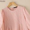 ZANZEA Women Grid Print Casual Round Neck 3/4 Sleeve Blouse