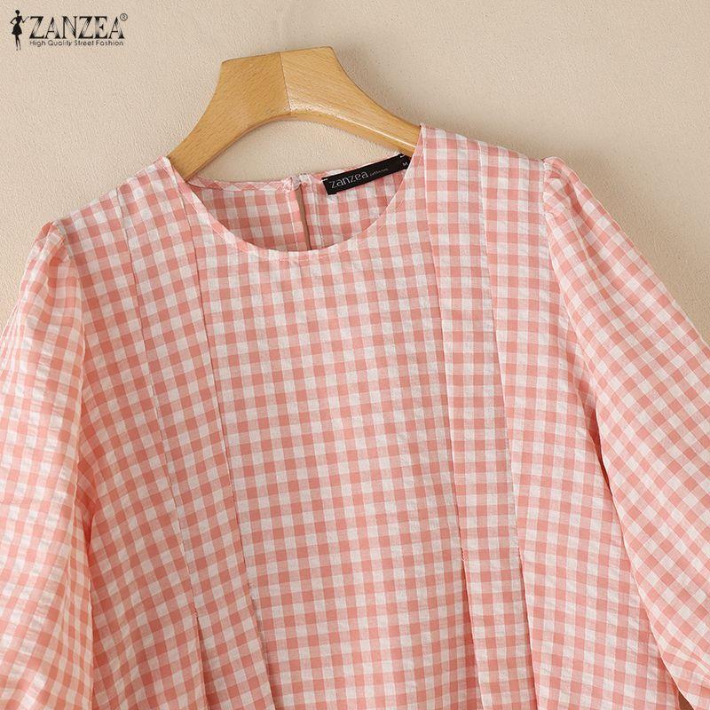 ZANZEA Women Grid Print Casual Round Neck 3/4 Sleeve Blouse