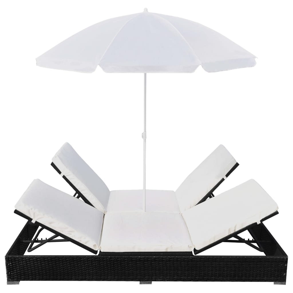 Outdoor Lounge Bed with Sun Umbrella Poly Rattan Black