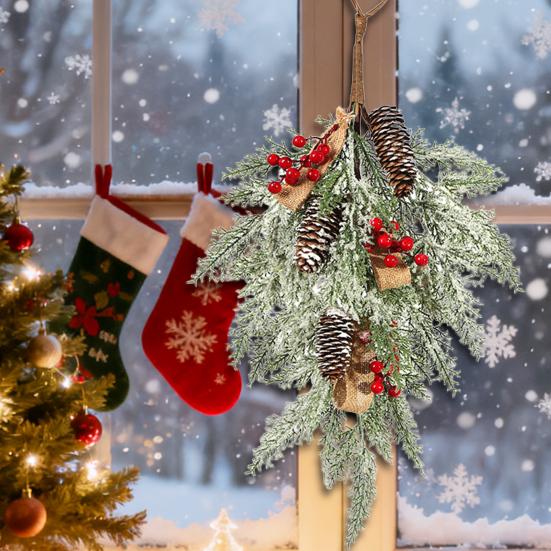 Christmas Teardrop Swag for Front Door Artificial Snow Flocked Swag Wreath with Pine Cones Red Berry for Indoor Outdoor Staircase Wall Decor