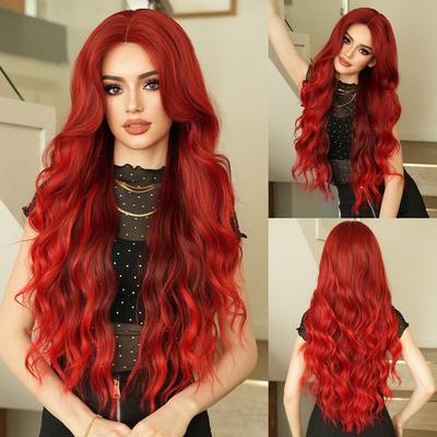 Gradient Red Lace Wig for Women - Full Cap Middle Part Long Curly Hair, Party Quick Beauty Styling, Passion Rose Color High Quality