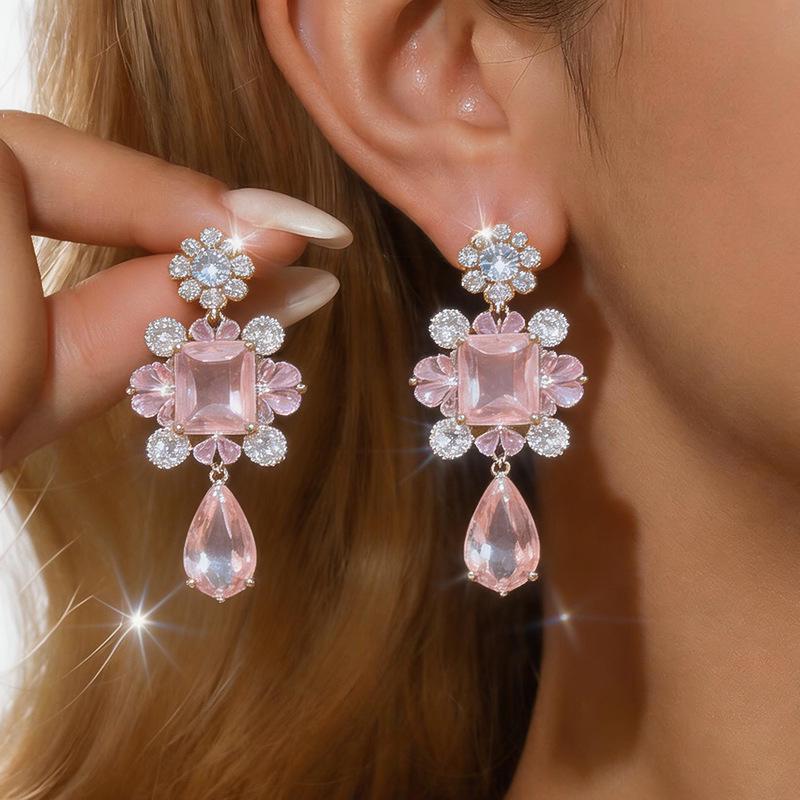 Silver Needle Luxury Zircon Water Drop Stud Earrings - Elegant European and Court-Style, High-end Design for Women.