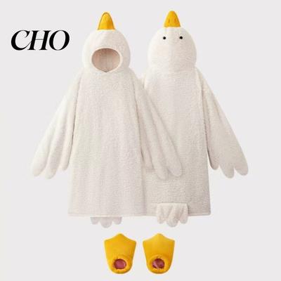Slipper Attached Pajamas Funny Goose Duck Costume for Kids Adults, Hooded Animal Camping Sleepwear Onesie Pajamas, Soft Plush Wearable Blanket,