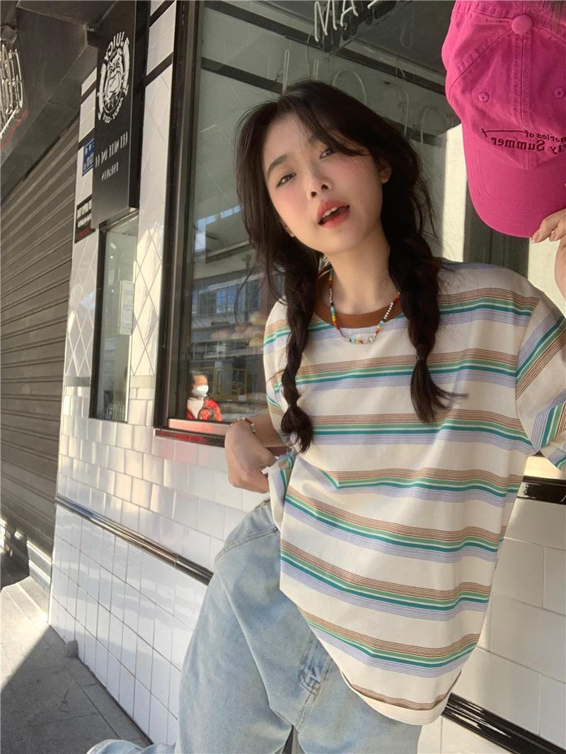 

Retro striped crew neck short-sleeved t-shirt new women s clothing summer Korean version loose and thin student tops trendy M