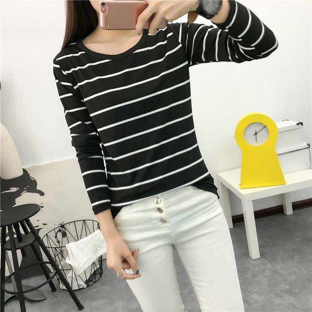 Women Korean Version Loose Stripe Long Sleeve  Bottoming Shirt Casual Tops