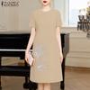 ZANZEA Women Summer Round Neck Casual Short Sleeve Print Dress