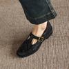 Krazing Pot Sheepskin Round Toe Thick Med Heels Spring Shoes Slip on Big Size 42 Loafers Women Metal Buckle Pleated Pumps