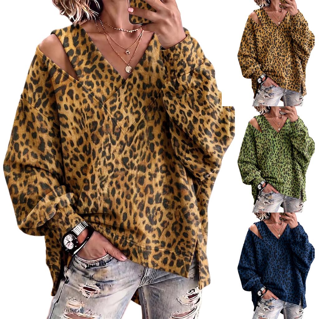 Damen Freizeit Sweatshirt mit Leopardenmuster, V-Ausschnitt, langen Ärmeln, lockerem Schnitt und One-Shoulder-Ausschnitt