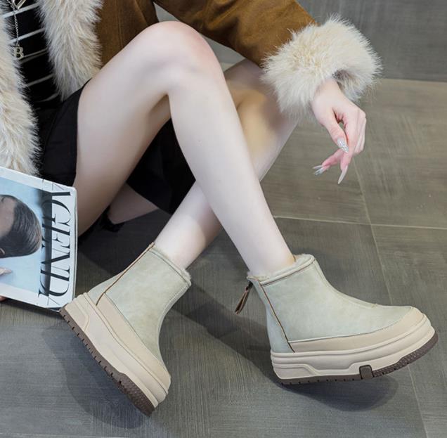 Fashion 5cm Ankle Boots Genuine Leather Spring Winter Plush Knee High Women Autumn Motorcycle Platform Wedge Fashion Shoes