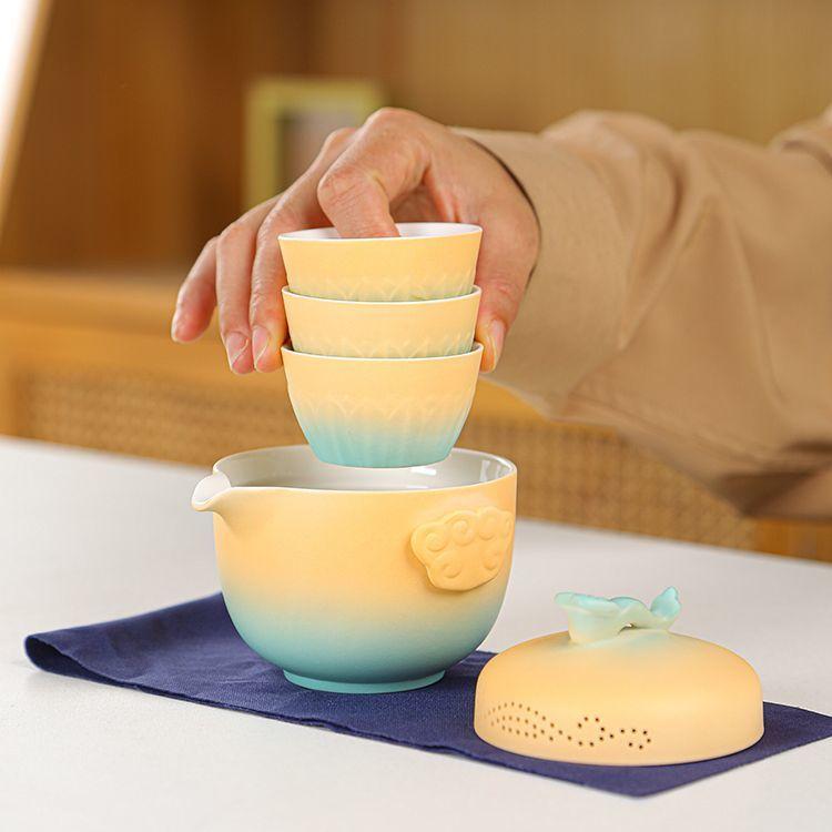 Travel Ceramic Tea Set, Kung Fu Tea Brewing Teapot, Anti-scalding Handle Teapot, Portable Storage, 1 Tea Pot and 3 Cups,
