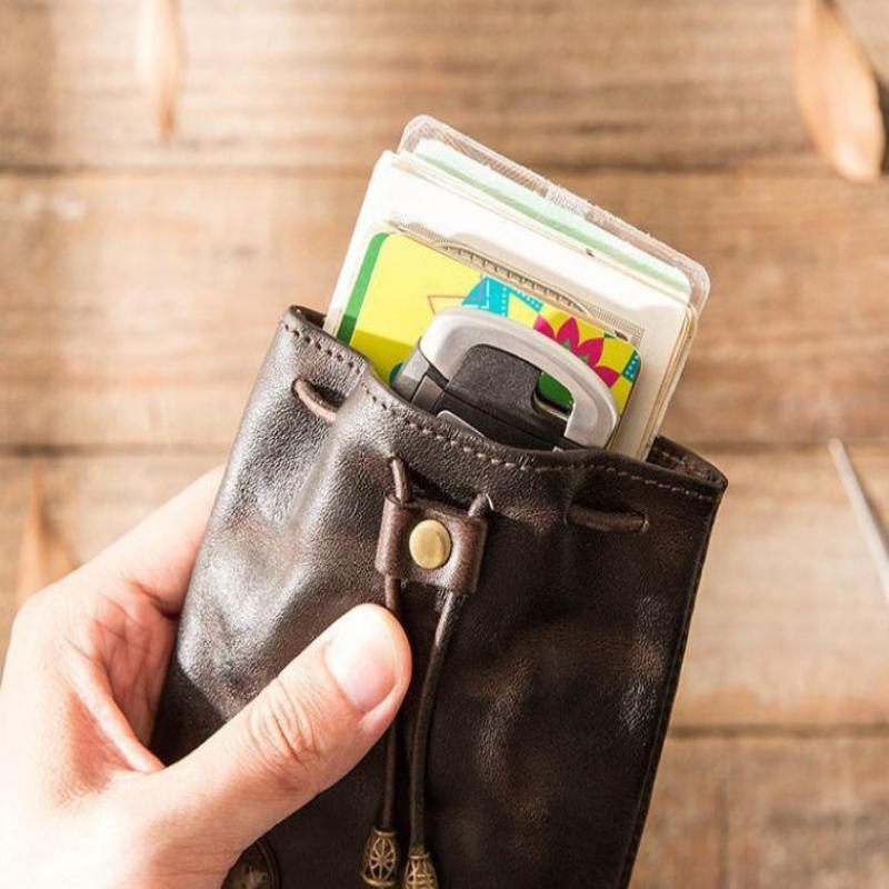 1Pcs Soft Texture Pu Leather Retro Drawstring Key Case Coin Purse Handmade Coin Key Bag Multifunctional Storage Bag