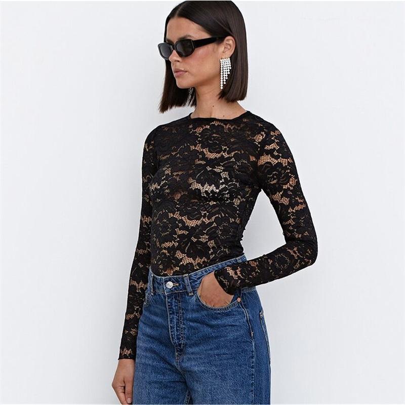 Tooxika Black Lace Slim See-through Long Sleeve New Spring And Autumn Fashion Tops