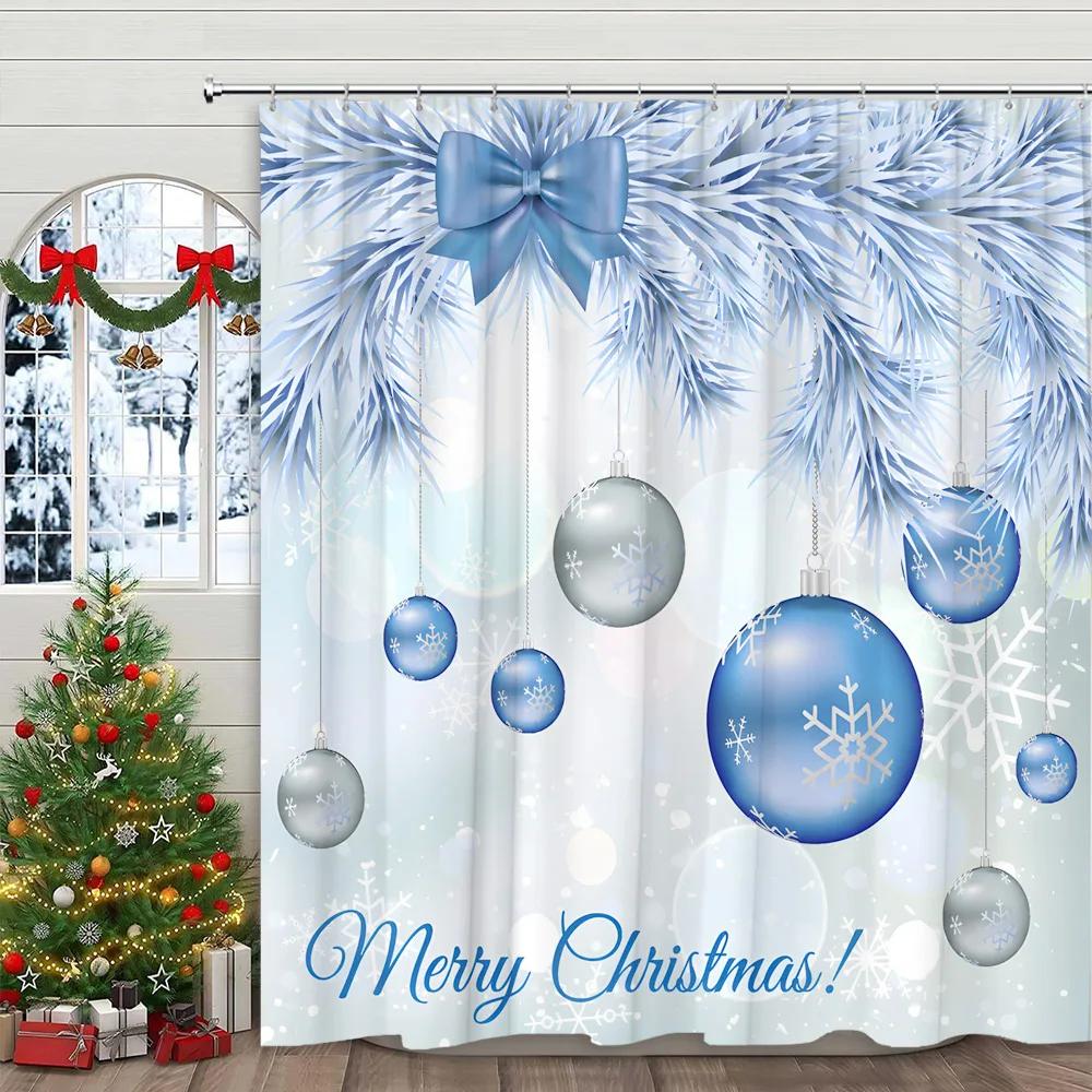 

Christmas Ball Shower Curtain Christmas Pine Tree Gift Winter Snowflake Cartoon Family Polyester Fabric Bathroom Decor Curtains 90x180cm