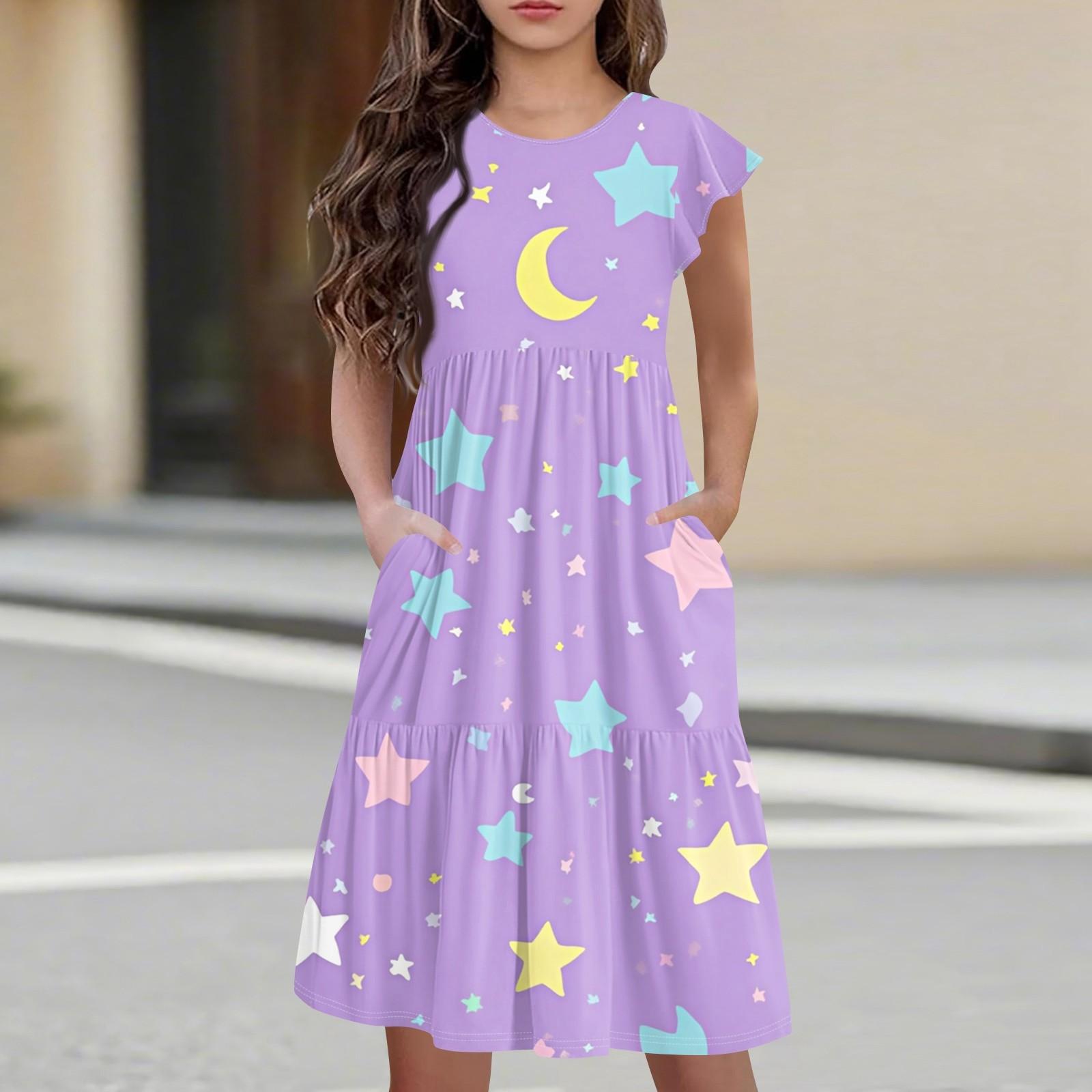 

Children s Skirt Round Neck Pleated Flying Sleeve Short Sleeve Princess Skirt Fashion Casual Pocket Dress For Girls 140 фиолетовый