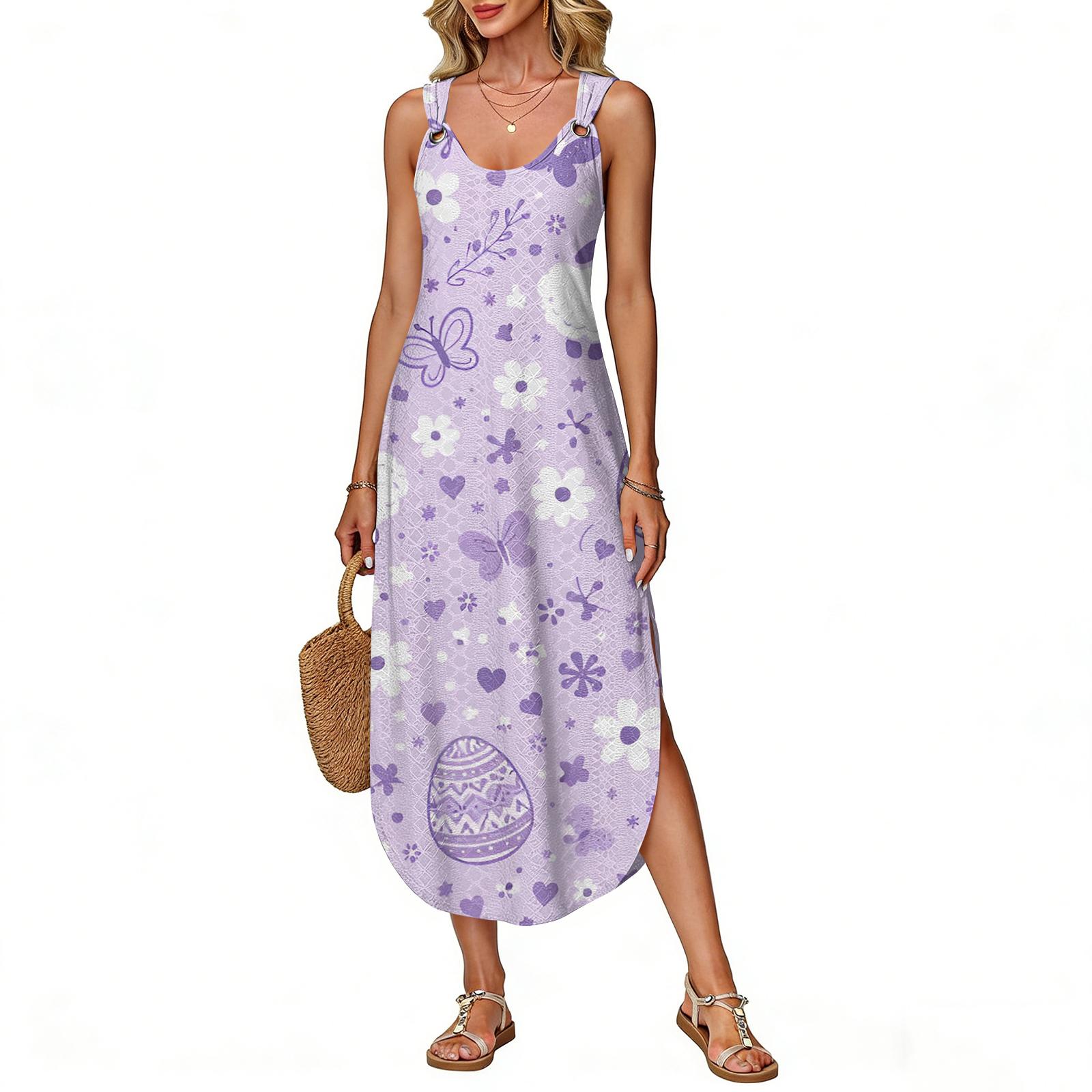 

Women s Summer Long Dress, Sleeveless With Side Slit, Long Easter Printed Vest Dress XXL