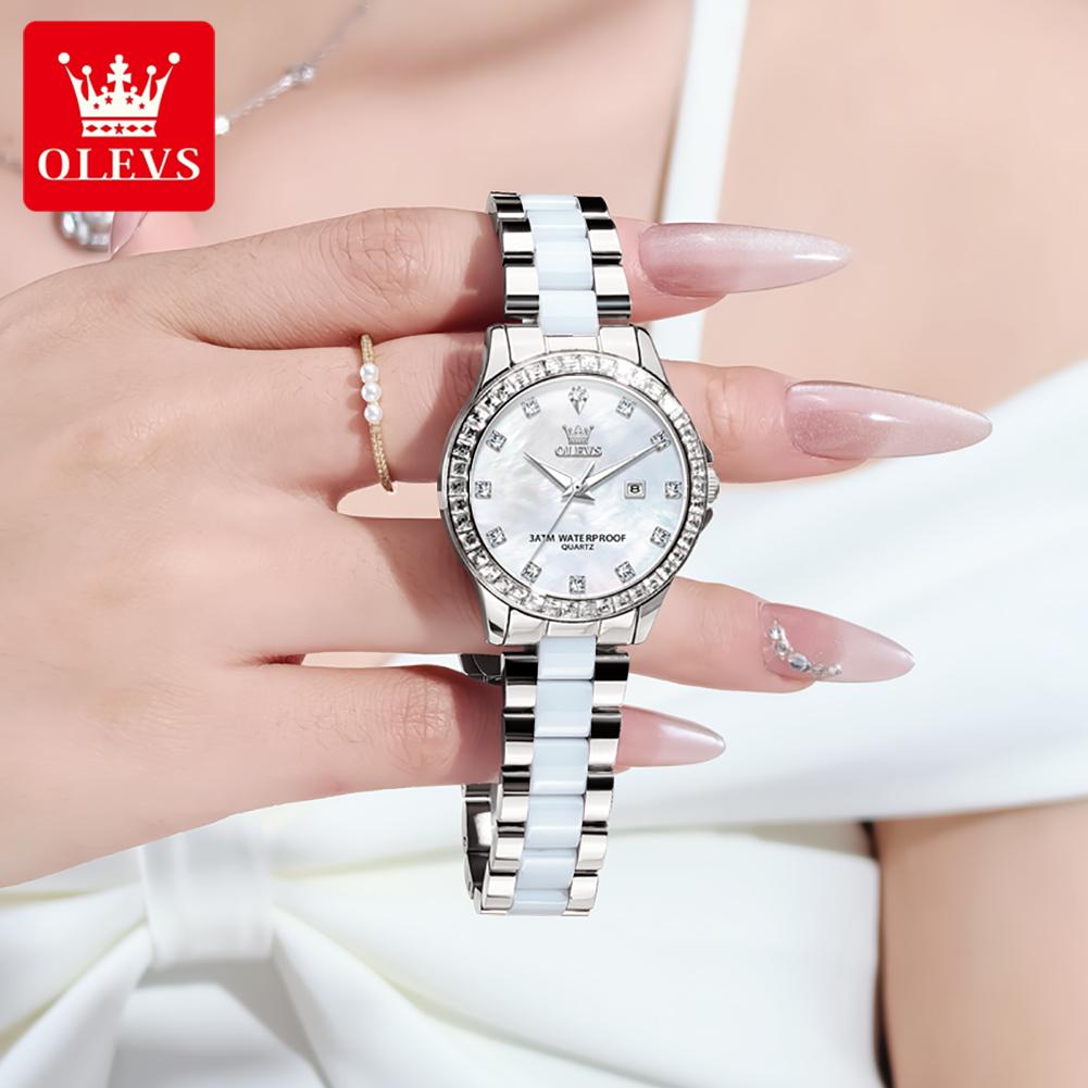 OLEVS Quartz Wristwatch Elegant Luxury Ceramics Strap Waterproof Auto Date Diamond Bezel Watch for Women