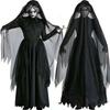 Set uniforme da vampiro demone strega di Halloween da donna, abito lungo nero, mantello con cappuccio, mantello e guanti, costume cosplay