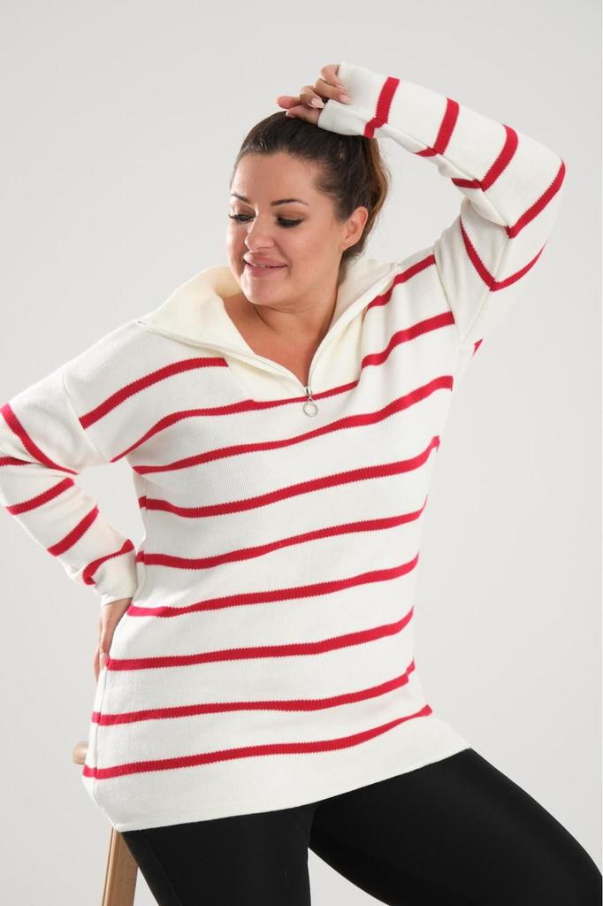 Women's Big Size Blouse Black Zipper Collar Black Striped Knitted Knitwear Plus Size Blouse