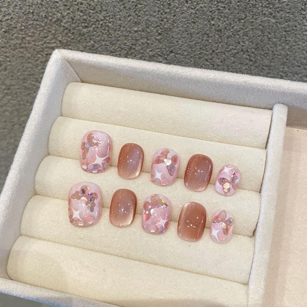 100% HANDMADE Short Round Fake Nail With Glue Short Aurora Butterfly Acrylic Press on Artificial Fake nails Reusable Nails
